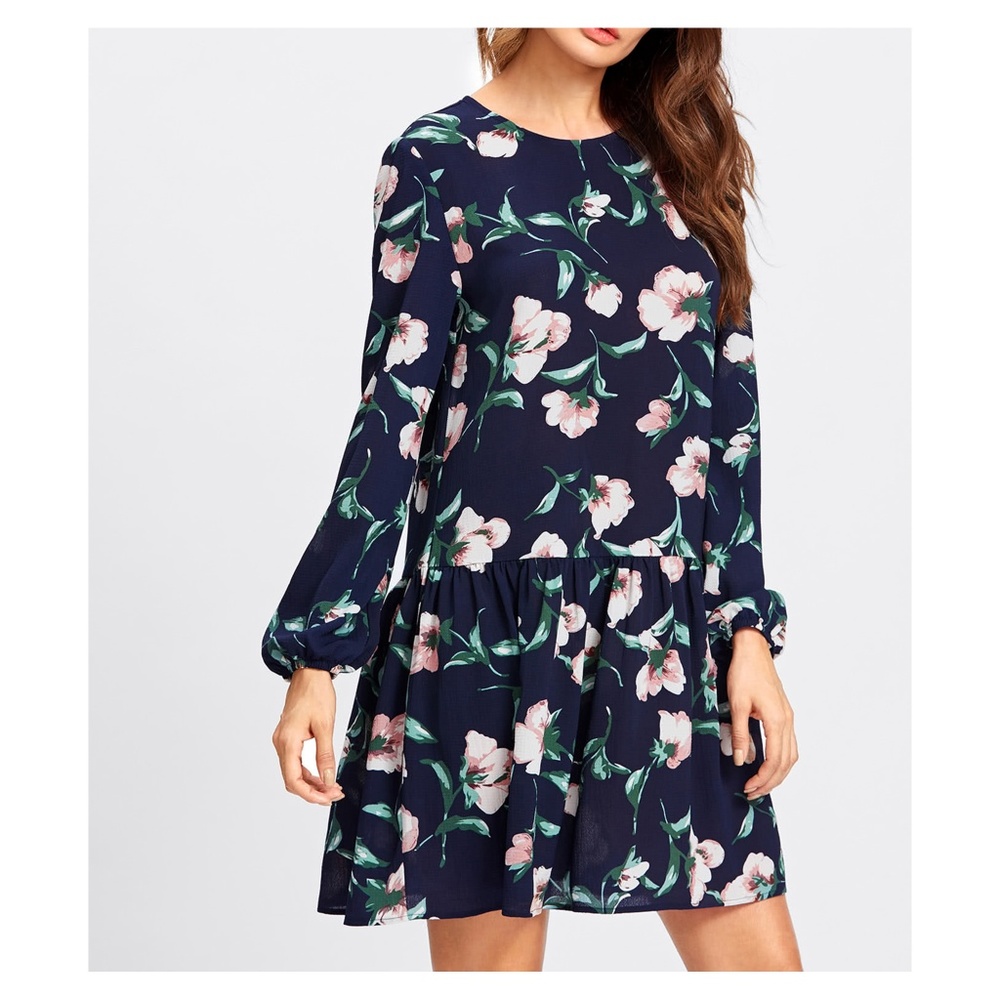 Dark Blue Floral Long Sleeve Shift Dress - Picture 4 of 6